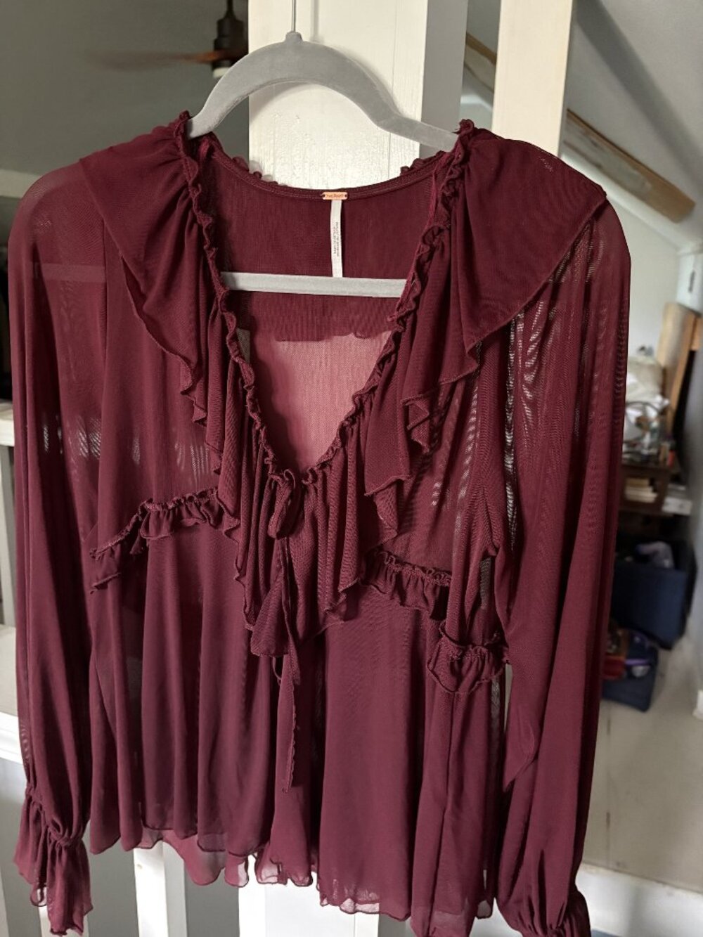 Free People Burgundy Sheer Ruffle Boho Blouse Size S